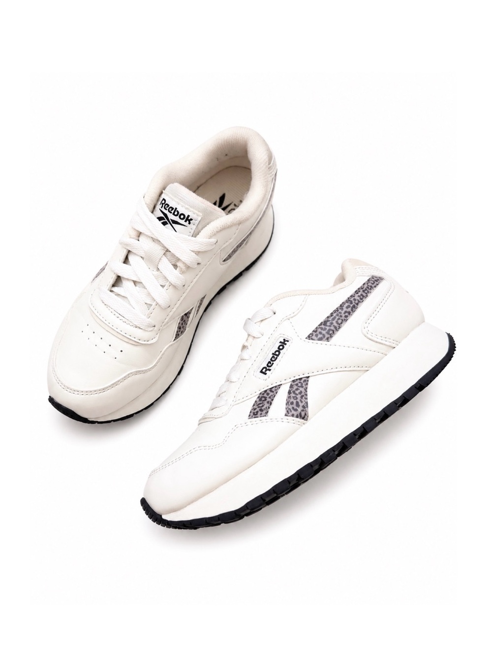 Reebok Kids White Sneakers with Grey Animal Print Accents